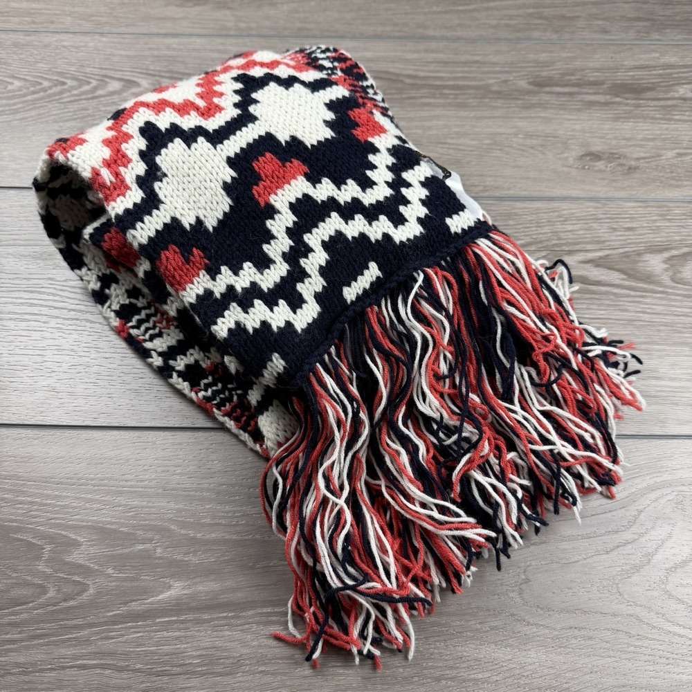 Maje Long Knit Scarf Nordic Geometric Pattern Fringe Winter Red Black White